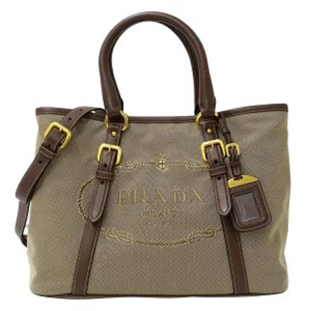 Prada Bag Handbag Tote Shoulder Logo Jacquard Canvas Beige Brown